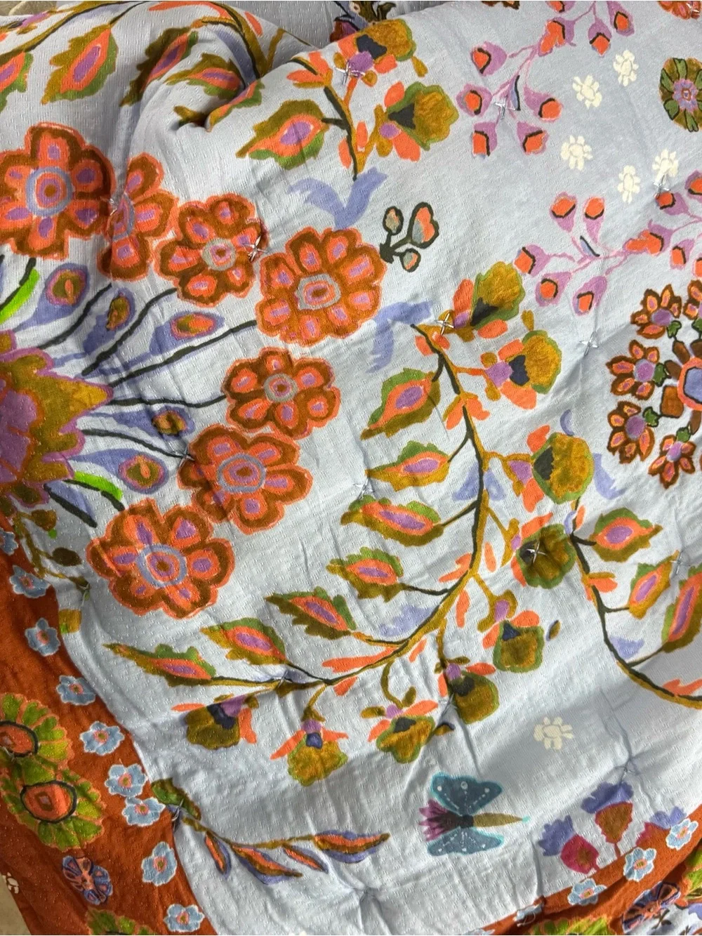 Anthropologie Floral Quilted Bedspread Set in Blue and Rust